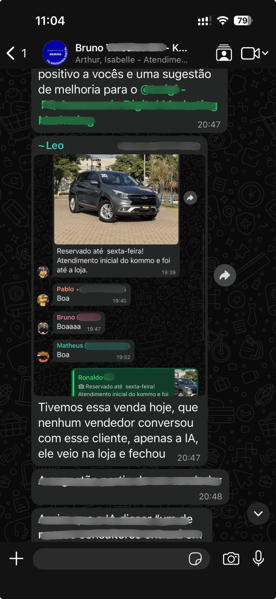 Feedback real sobre venda em loja de veículos após atendimento inicial realizado com apoio de agente de IA